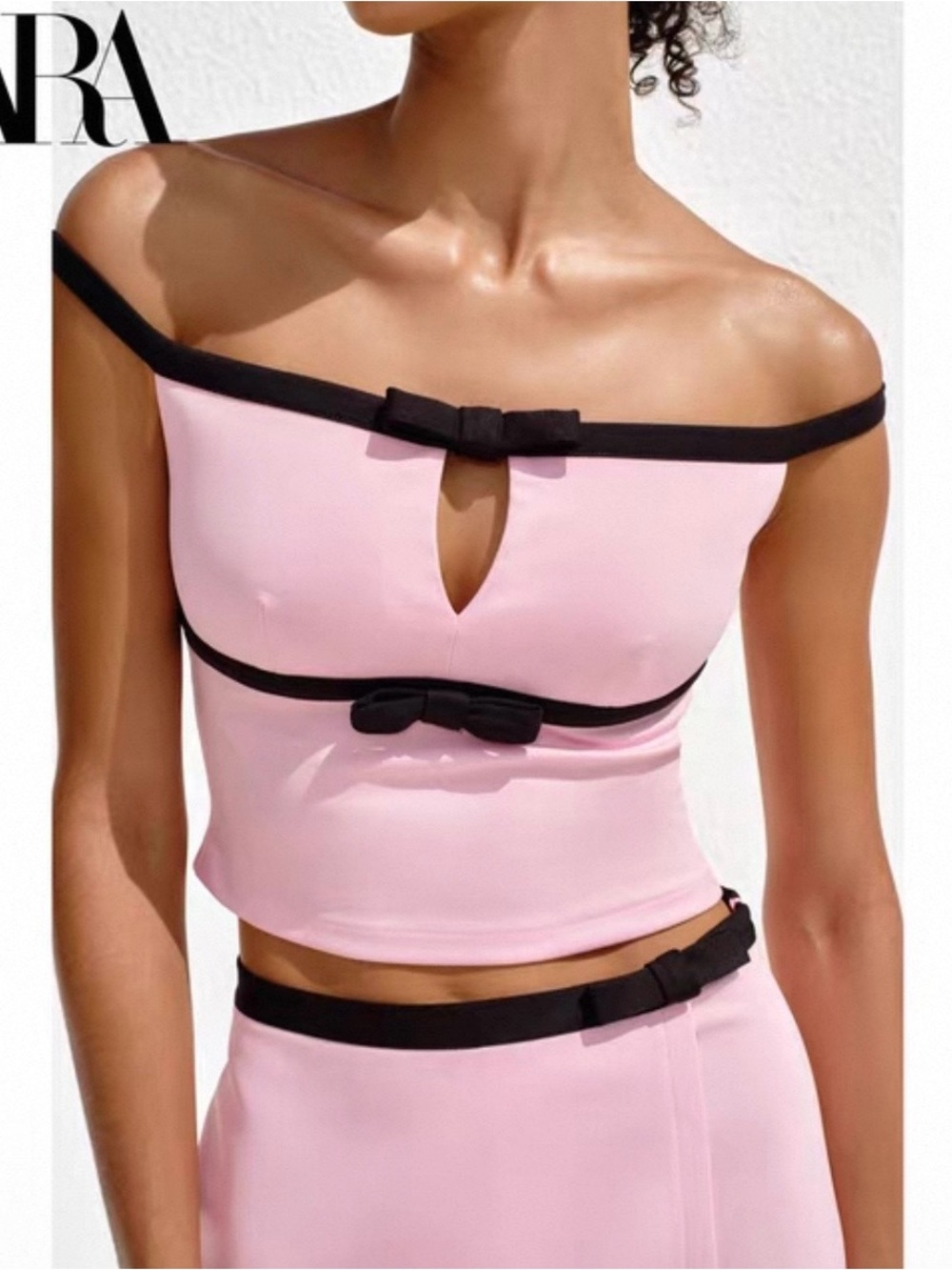 Zara Pink Off-Shoulder Crop Top with Black Trim and Bow